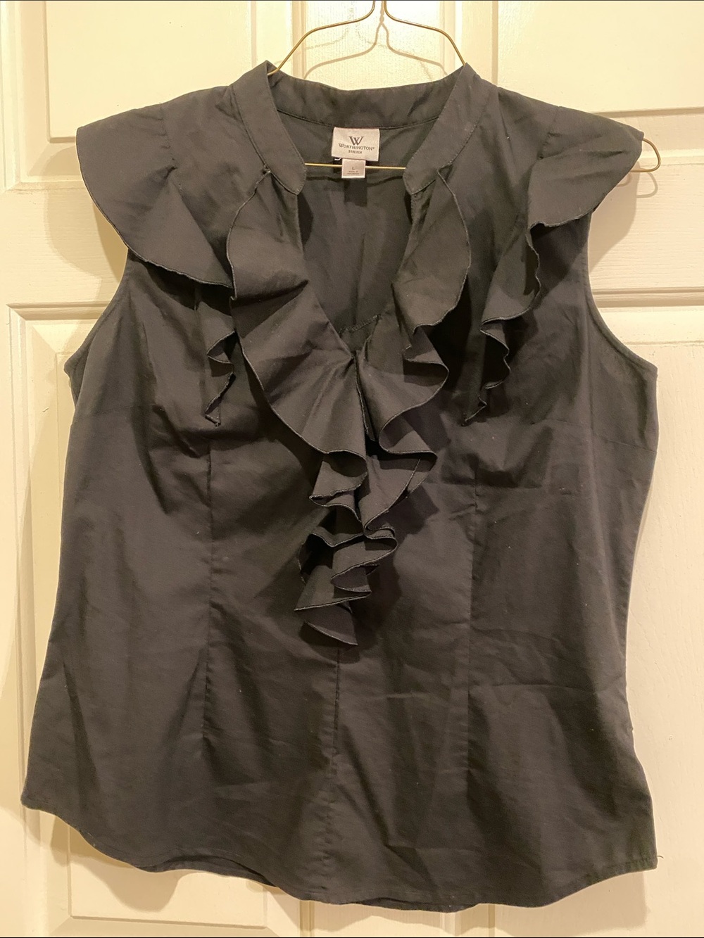 Worthington Black Ruffle V-Neck Sleeveless Blouse